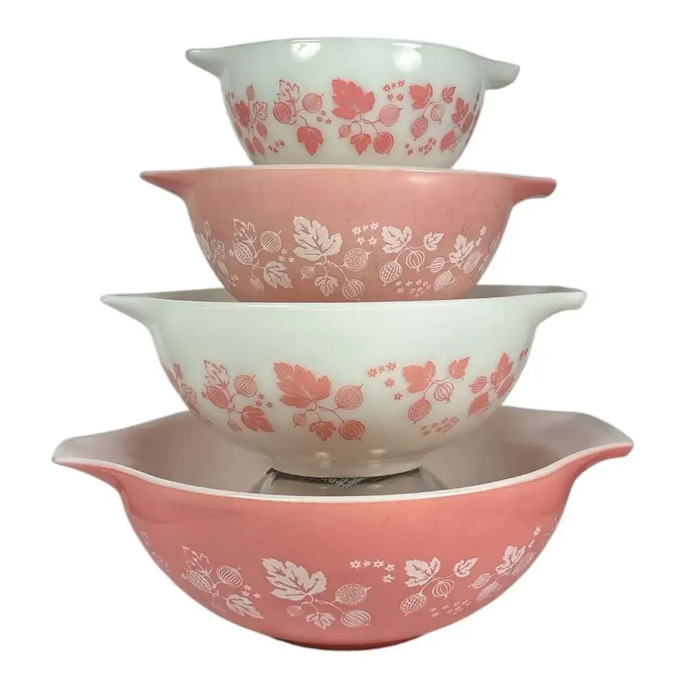 Vtg Set 4 PYREX Gooseberry Cinderella Nesting Mixing Bowls Pink 441 442 443 444